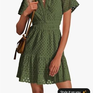Olive Eyelet V-Neck Mini Dress with Smocked Waist